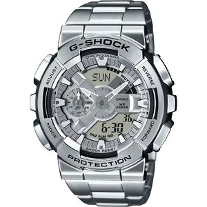 CASIO 卡西歐 G-SHOCK 工業風大錶殼金屬雙顯手錶 送禮推薦-銀 GM-110D-8A