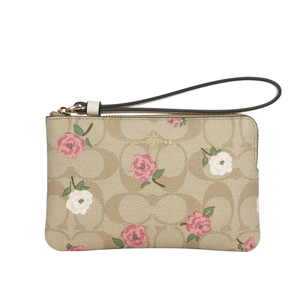 COACH CC Logo 花卉圖案塗層帆布L 型拉鍊手拿包/淺卡其/白色