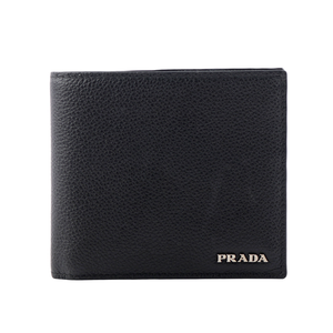 PRADA 銀字Logo 粒紋皮革對開零錢袋短夾/黑色