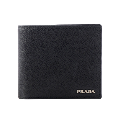 PRADA 銀字Logo 粒紋皮革對開零錢袋短夾/黑色