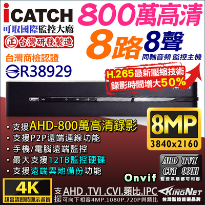 【KingNet】 KMQ-0825EU-K 可取 ICATCH 8路監視主機 800萬 8MP 5MP/1080P/720P/960H 監控主機