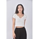 (S) 質感造型領口白色短袖上衣二手衣, , large