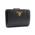 PRADA 浮雕Logo水波紋拉鍊釦式厚款零錢短夾/黑色, , large