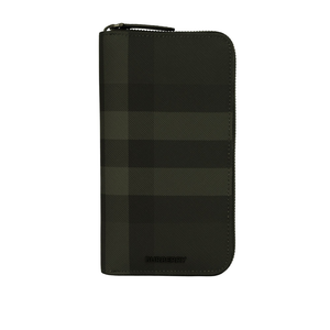 BURBERRY 格紋塗層帆布及牛皮拉鍊型長夾/炭灰色
