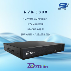 昌運監視器 ZDiiin NVR-5808 800萬畫素 8路 AI智能偵測 網路型錄影主機