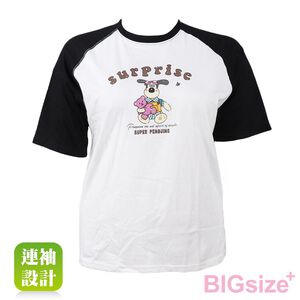 大尺碼-卡通印花 插肩 圓領T恤-白/粉-0101153