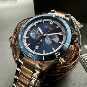 [星晴錶業]BOSS手錶,46mm,HB1513937寶藍色錶面寶藍錶殼金銀相間精鋼錶帶款