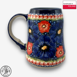 【SOLO Vintage】Cerraf Polish Pottery 680ml Beer Mug Red and Blue Blossoming Elegance Series Made in Poland, , large
