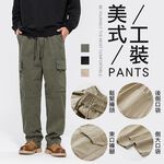 大尺碼-日系 平腳 口袋 工裝褲-黑/卡其/軍綠-0204211, , large