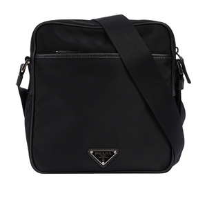 PRADA 刺繡及三角牌Logo 雙面可用尼龍斜背包/黑色