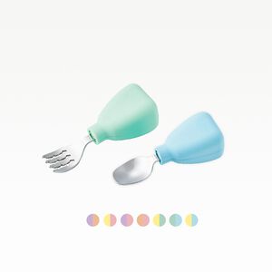 【美國 little.b】316不鏽鋼小寶石湯叉組II-小清新(黃+綠) 湯匙 叉子 學習餐具 手握訓練 兒童餐具