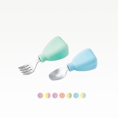 【美國 little.b】316不鏽鋼小寶石湯叉組II-小清新(黃+綠) 湯匙 叉子 學習餐具 手握訓練 兒童餐具
