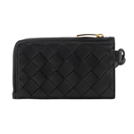 BOTTEGA VENETA L 型金色拉鍊小羊皮編織附鑰匙釦卡包/零錢包/黑色, , large