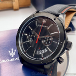 [星晴錶業]MASERATI手錶,46mm,R8871627004黑色錶面黑錶殼黑紅色真皮皮革錶帶款, , large