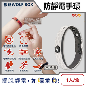 [日日好物]狼盒WOLF BOX-快速導電高密度矽膠防水防汗超強防靜電手環1入/盒-六角白(運動型6段調整長度)