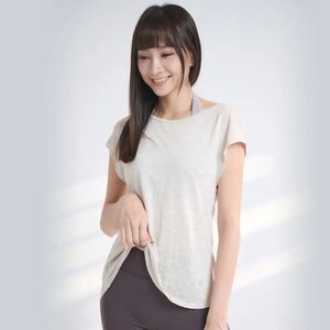 YOGA FLOW Back Tie Tshirt - 短袖美背綁帶開叉兩穿罩衫 - 蕎麥