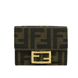 FENDI Baguette FF Logo 緹花布三折短夾/棕色