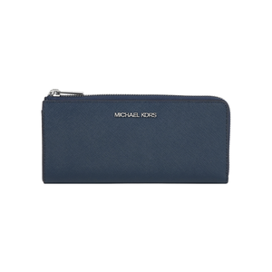 Michael Kors 銀字Logo 防刮皮革L型拉鍊長夾(海軍藍)