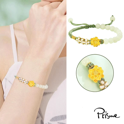 【Prisme Gold】黃金手鍊 蓮花 綠珠編織手鍊 (金重：約0.07錢±0.03)