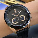 [星晴錶業]MASERATI手錶,46mm,R88716120252黑色錶面黑錶殼深黑色真皮皮革錶帶款, , large