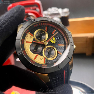 [星晴錶業]FERRARI手錶,46mm,FE00042黑金色錶面黑錶殼深黑色矽膠錶帶款