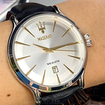 [星晴錶業]MASERATI手錶,42mm,R8851118002白色錶面銀錶殼深黑色真皮皮革錶帶款, , large