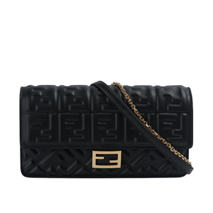 FENDI Baguette FF Logo 浮雕納帕皮革二用皮夾式鍊包/WOC/黑色