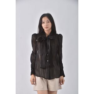 (S) 質感綁帶黑色長袖上衣二手衣,  (S) 質感綁帶黑色長袖上衣二手衣