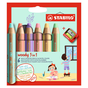 STABILO 德國 思筆樂 woody 3 in 1 伍迪樂三合一可水洗水彩粉蠟筆 附削筆器 馬卡龍6色組/盒 ST8806-3