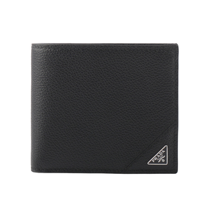 PRADA 銀色三角牌Logo 粒紋皮革對開零錢袋短夾/黑色
