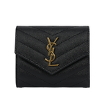 YSL 金字山形紋魚子醬皮三折零錢袋短夾/黑色, , large