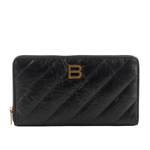BALENCIAGA Crush 金字皺褶縫線小牛皮ㄇ型拉鍊長夾/黑色