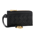 BOTTEGA VENETA L 型金色拉鍊小羊皮編織附鑰匙釦卡包/零錢包/黑色, , large