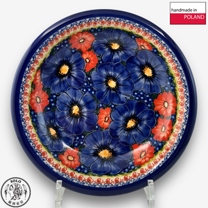 【SOLO Vintage】Cerraf Polish Pottery 22.5cm Dinner Plate Deep Plate Red and Blue Blossoming Elegance Series Made in Poland