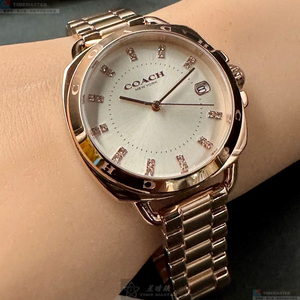 [星晴錶業]COACH手錶,34mm,CH00196銀白色錶面玫瑰金錶殼玫瑰金色精鋼錶帶款