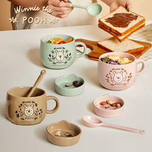 Disney Winnie the Pooh Large Capacity Ceramic Mug Set 500ml (3 pieces per set, includes spoon/plate, colorful gift box) - Sand palm