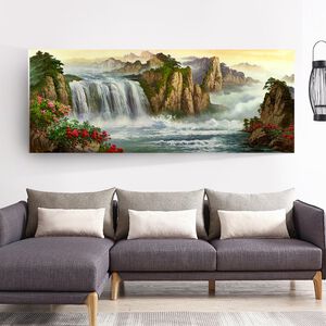 【御畫房】高山飛瀑 國家一級畫師手繪油畫60×120cm(VF-34)