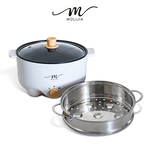 【MOLIJIA】3L-M22 Multifunctional Non-stick Electric Hot Pot + M2209 Stainless Steel Steamer - White Wood Grain, , large
