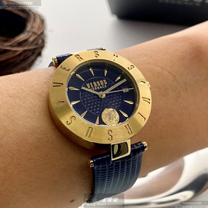 [星晴錶業]VERSUS VERSACE手錶,34mm,VV00335寶藍色錶面金色錶殼寶藍真皮皮革錶帶款
