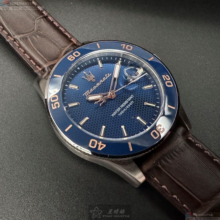 [星晴錶業]MASERATI手錶,44mm,R8851100004寶藍蜂巢幾何錶面寶藍錶殼咖啡色真皮皮革錶帶款, , large