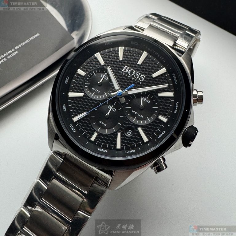 [星晴錶業]BOSS手錶,46mm,HB1513857黑色錶面銀錶殼銀色精鋼錶帶款, , large