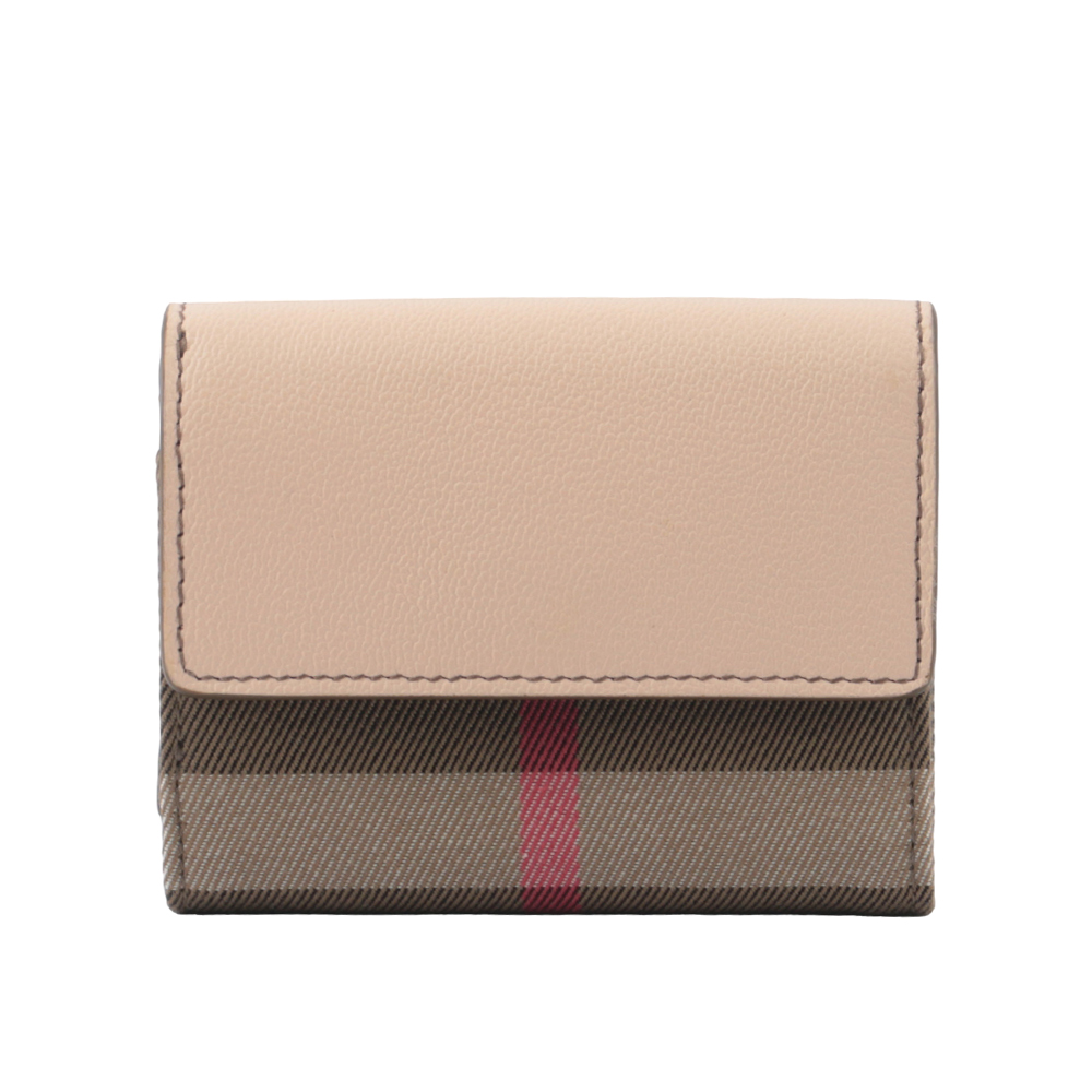 BURBERRY Lancaster 牛皮及帆布格紋三折短夾/瑪瑙粉/棕色, , large