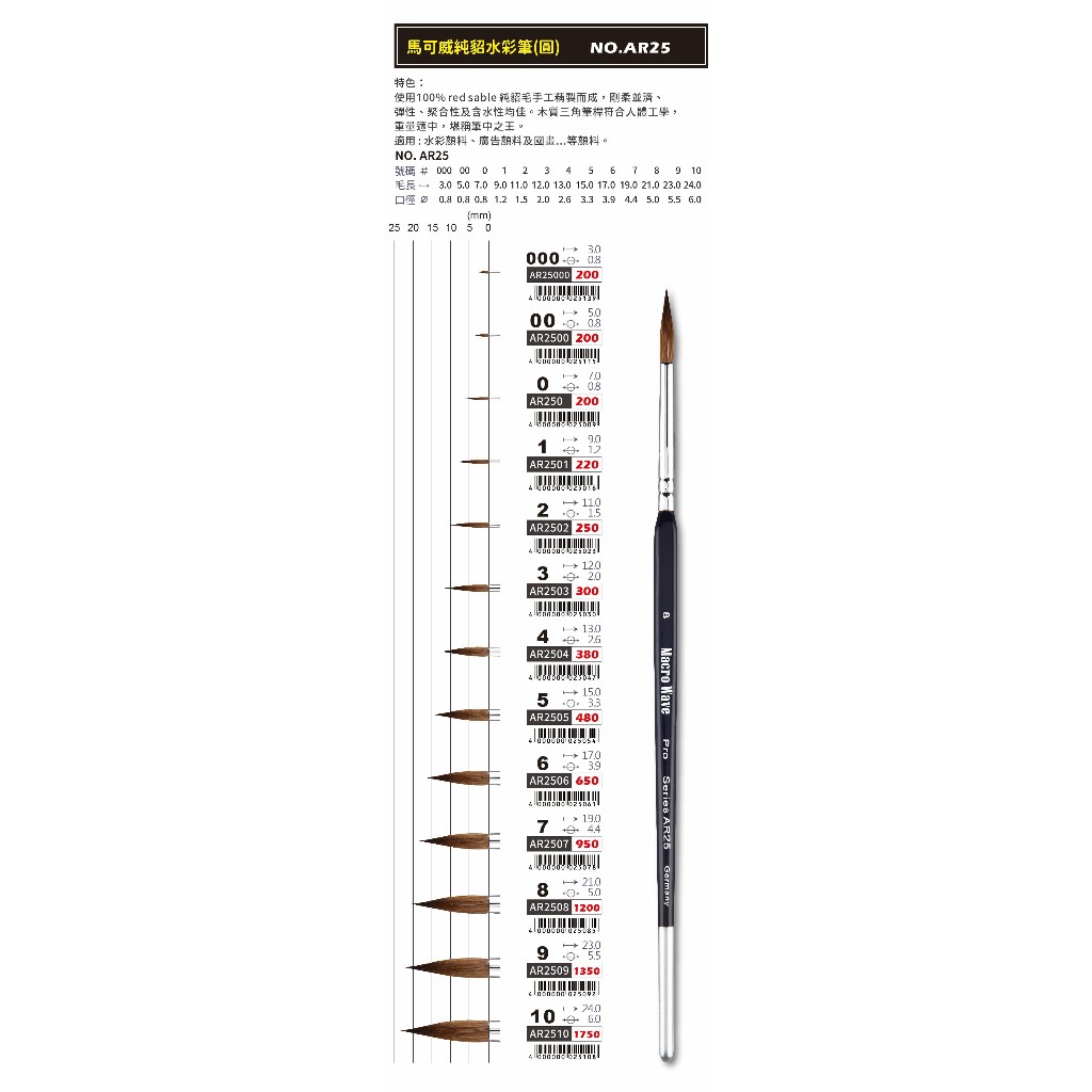 普思AP 純貂毛水彩筆系列-圓(AR2520), , large