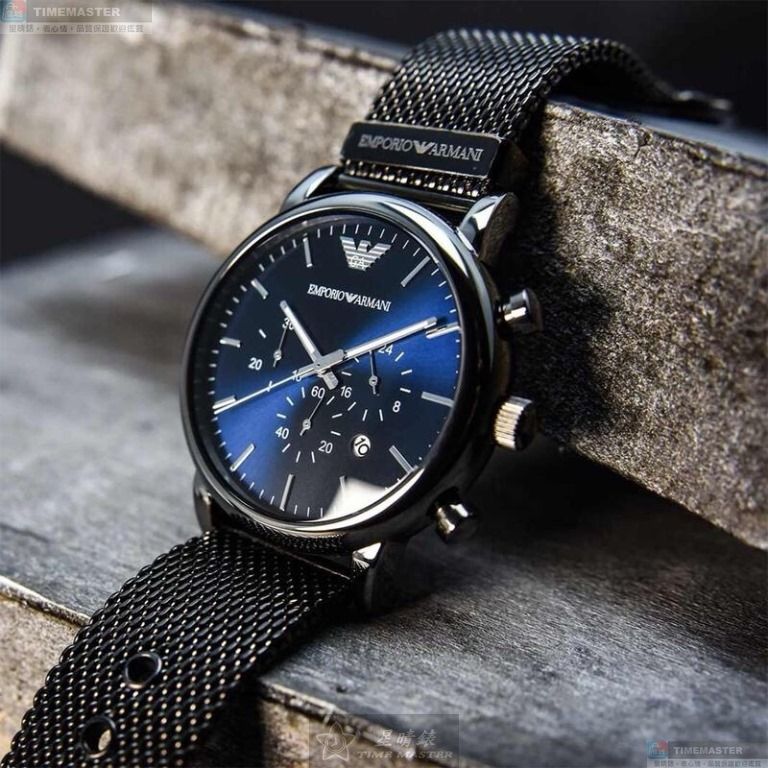 [星晴錶業]ARMANI手錶,44mm,AR00056寶藍色錶面黑錶殼鐵灰色米蘭錶帶款, , large
