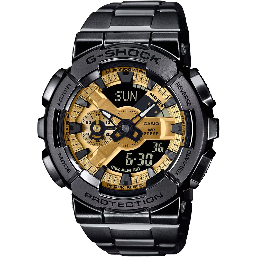 CASIO 卡西歐 G-SHOCK 工業風大錶殼金屬雙顯手錶 520情人節 送禮推薦-黑x金 GM-110BD-1A9