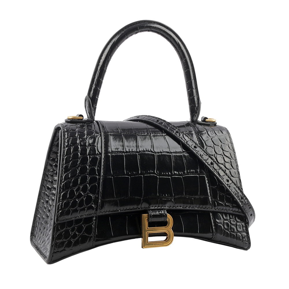 BALENCIAGA Hourglass 金釦壓鱷魚紋牛皮二用沙漏包/小款/黑色, , large