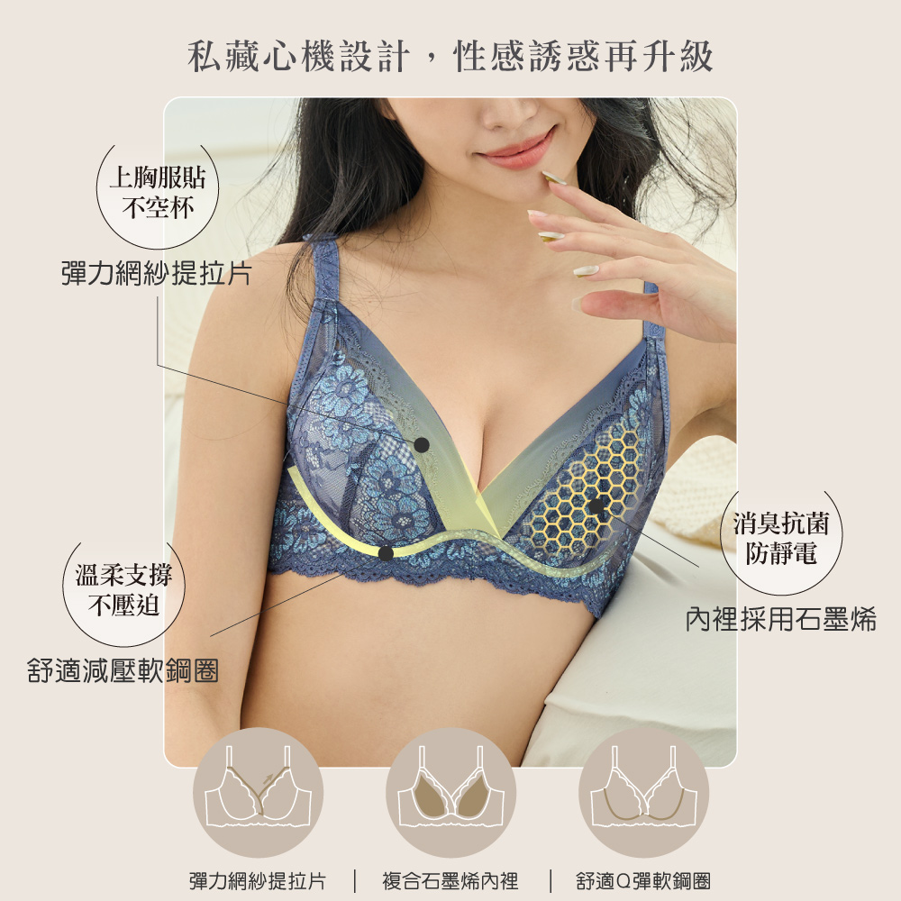 【Clany可蘭霓】浪漫日記石墨烯軟鋼圈集中包覆 BC罩杯不空杯蕾絲內衣 紫灰藍 8057-53, , large