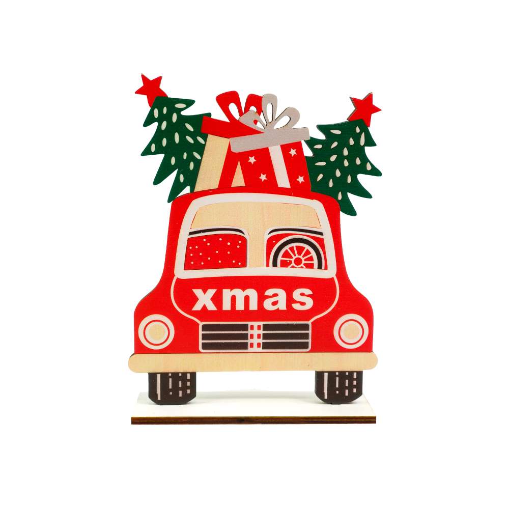 摩達客-聖誕彩繪木質擺飾-汽車聖誕樹款-交換禮物耶誕派對推薦, , large