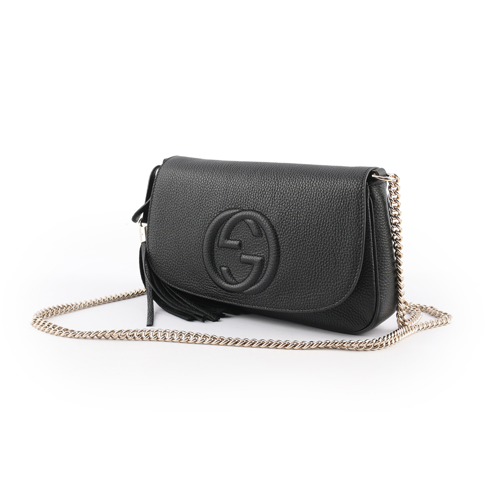 GUCCI SOHO 系列流蘇牛皮翻蓋二用包/黑色, , large