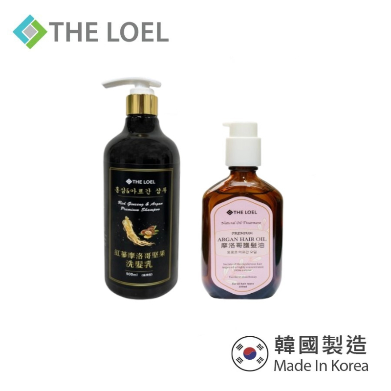 〔得來亞〕呵護秀髮體驗2件組-THE LOEL紅蔘摩洛哥堅果油洗髮乳500ml+摩洛哥護髮油100ml (附按壓式頭 ), , large